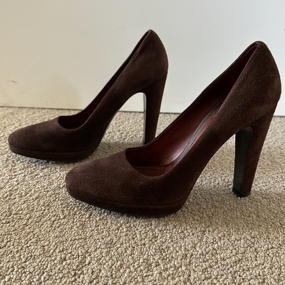 Vintage Prada suede leather almond toe stacked chunky block heel platform pump